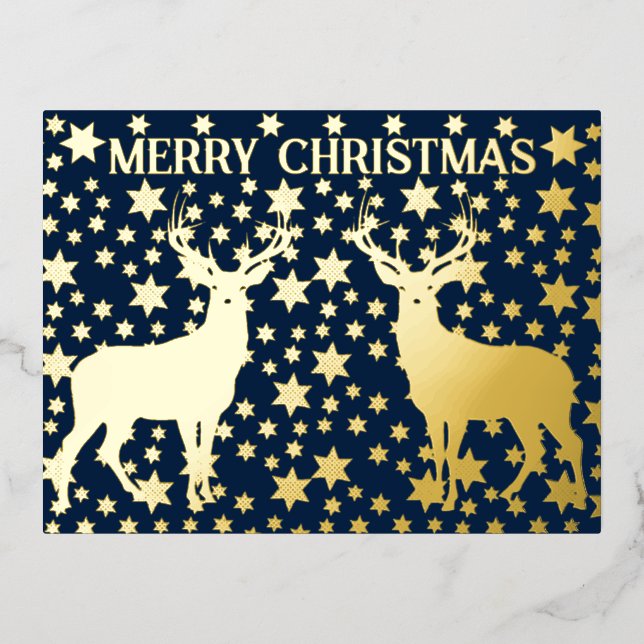 Golden stars and deers christmas foil holiday postcard (Front)