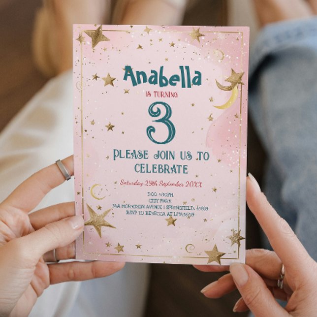 Golden Stars and Pink Kids Birthday Party  Invitation (Creator Uploaded)
