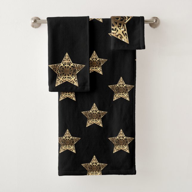 Golden Stars Black and Gold Elegant Typography Bath Towel Set (Insitu)