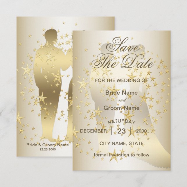 Golden Stars Bride And Groom Save The Date (Front/Back)
