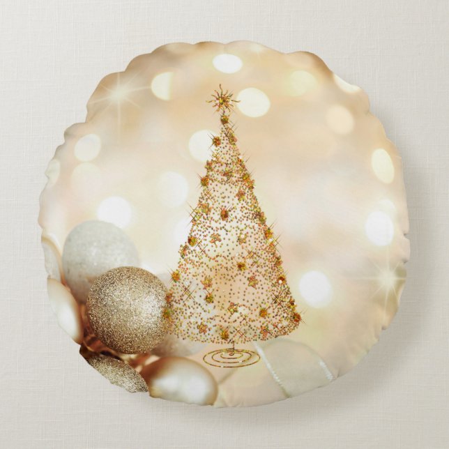 Golden Stars Christmas Tree Ornament Balls Bokeh Round Cushion (Front)