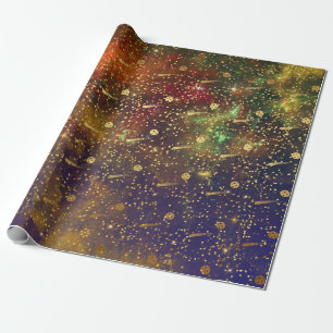 Golden Stars Confetti Celestial Firmament Comets Wrapping Paper