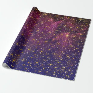 Golden Stars Confetti Celestial Firmament Pink Wrapping Paper