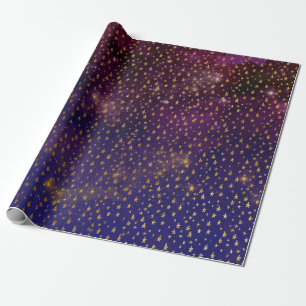 Golden Stars Confetti Celestial Firmament Purple Wrapping Paper