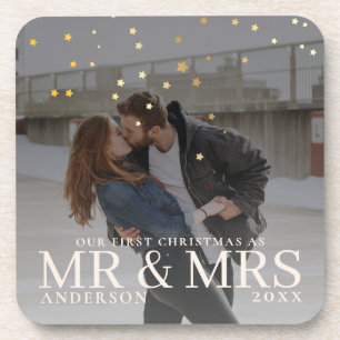 Golden Stars Dark Dusky Couple Christmas Photo  Coaster
