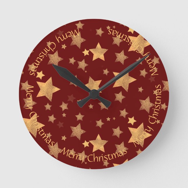 Golden Stars Dark Red Shiny Elegant Stylish Chic Round Clock (Front)