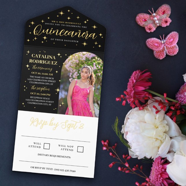 Golden Stars & Flares Arch Photo Quinceañera  All In One Invitation (Creator Uploaded)