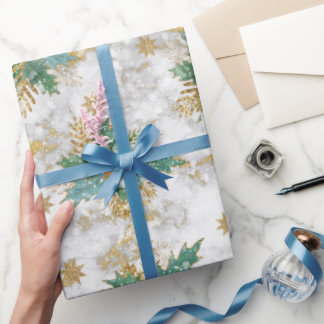 Golden stars glitter with holly berry & leaves  wrapping paper