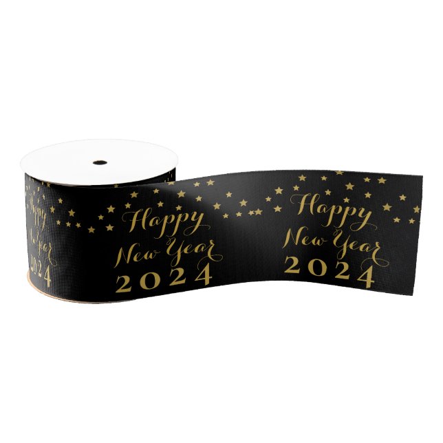 Golden Stars - Happy New Year 2024 Satin Ribbon Grosgrain Ribbon (Spool)