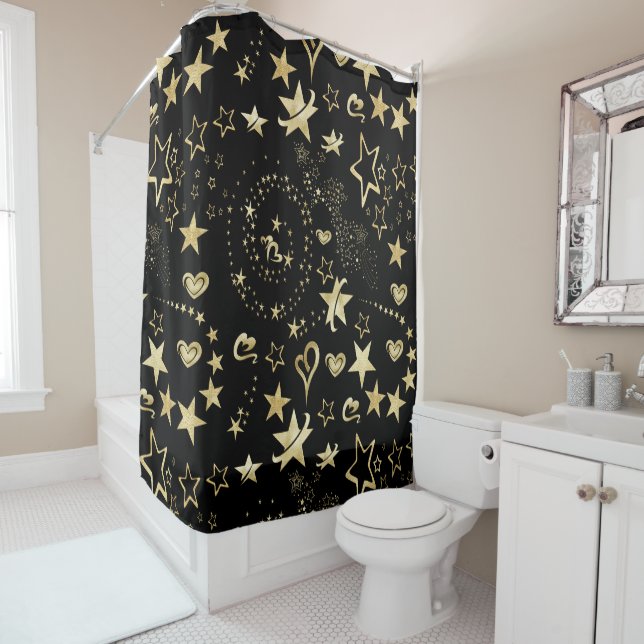 Golden Stars & Hearts Pattern  Shower Curtain (In Situ)