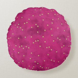 Golden Stars in Pink Background Round Cushion