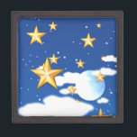 Golden Stars Jewellery Box<br><div class="desc">This design features golden stars with fluffy white clouds under a full moon and a midnight blue sky. This jewellery box comes in assorted sizes and is finished with a beautiful wooden trim. Matches other accessories. What a great gift to give someone who loves the heavens,  stars and universe.</div>