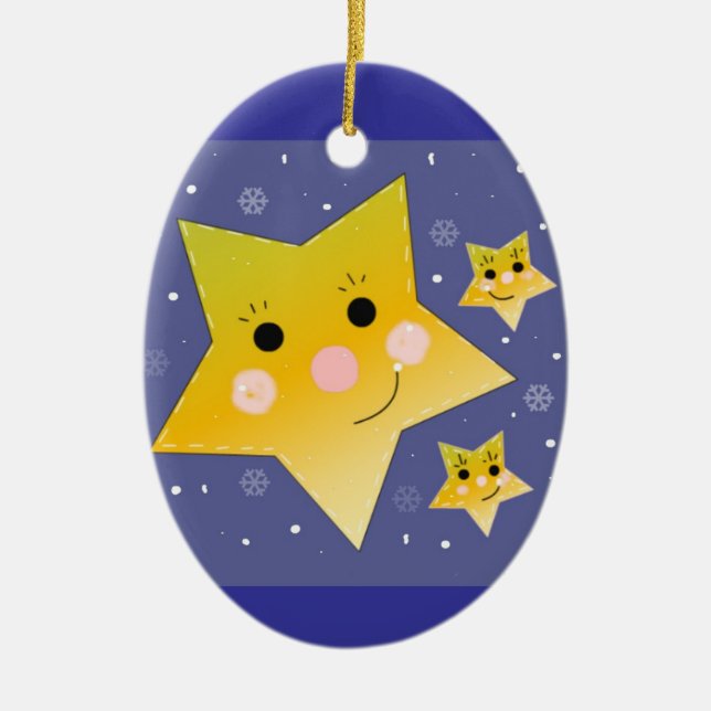Golden Stars on a Blue Sky Background Ceramic Tree Decoration (Front)