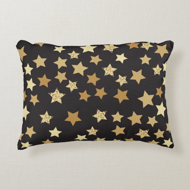 Golden Stars on Black Background Pattern Decorative Cushion (Front)