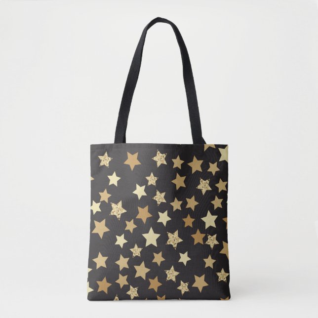 Golden Stars on Black Background Pattern Tote Bag (Front)