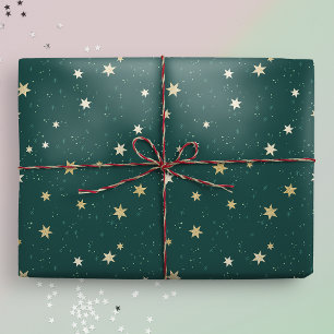 Golden Stars on Green Sky Christmas Wrapping Paper