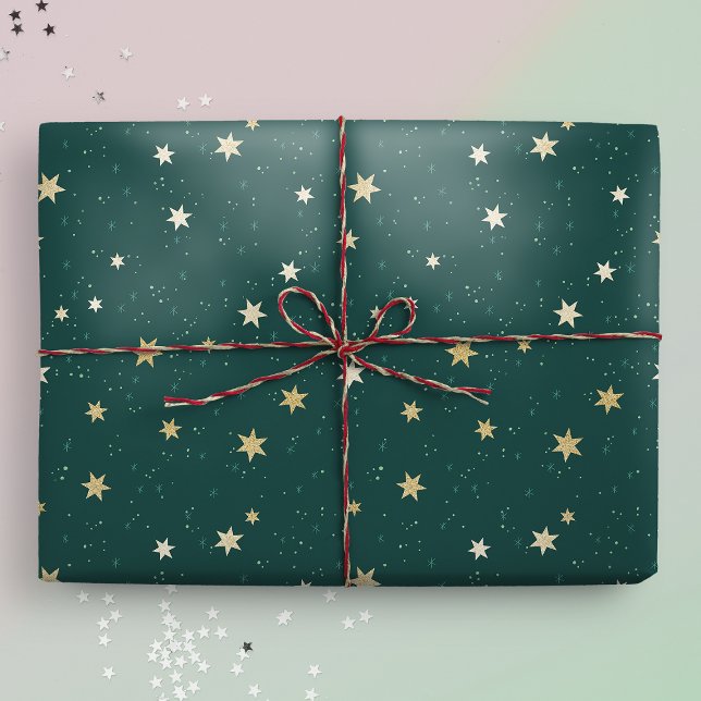 Golden Stars on Green Sky Christmas Wrapping Paper (Gift mockup)
