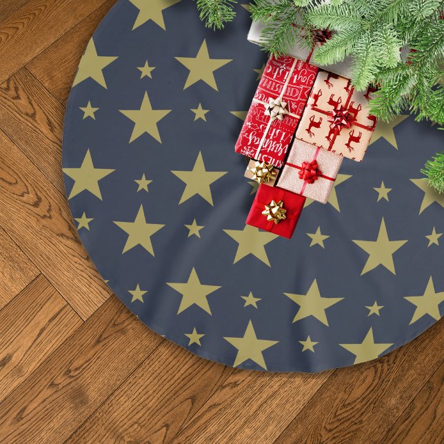 Golden Stars on Navy Blue – Elegant and Timeless Brushed Polyester Tree Skirt (Creator Uploaded)
