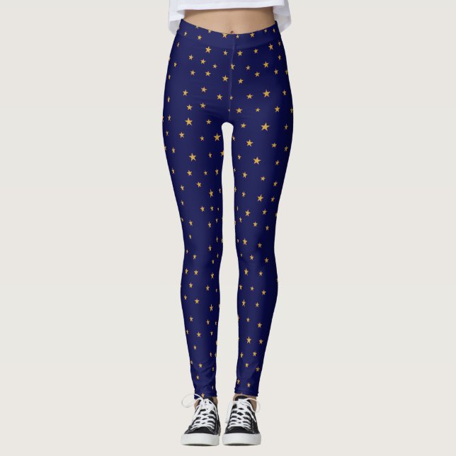 Golden stars on navy blue leggings (Front)
