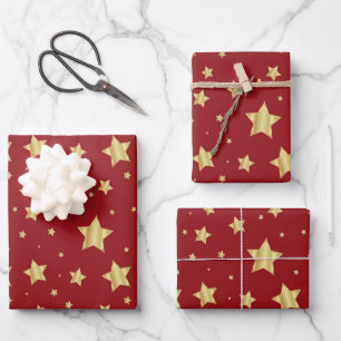 Golden Stars on Red Background Wrapping Paper Sheet