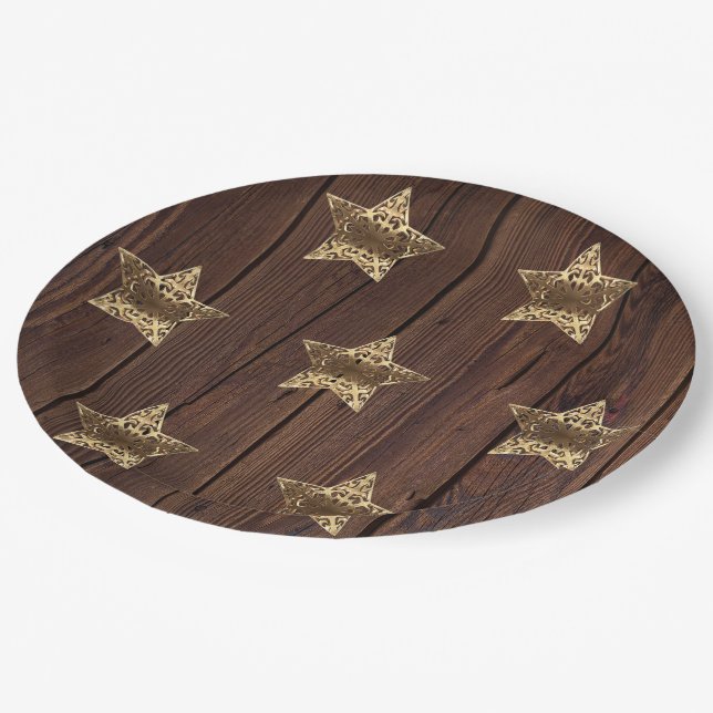 Golden Stars Pattern Rustic Wood Festive Elegant Paper Plate (Angled)