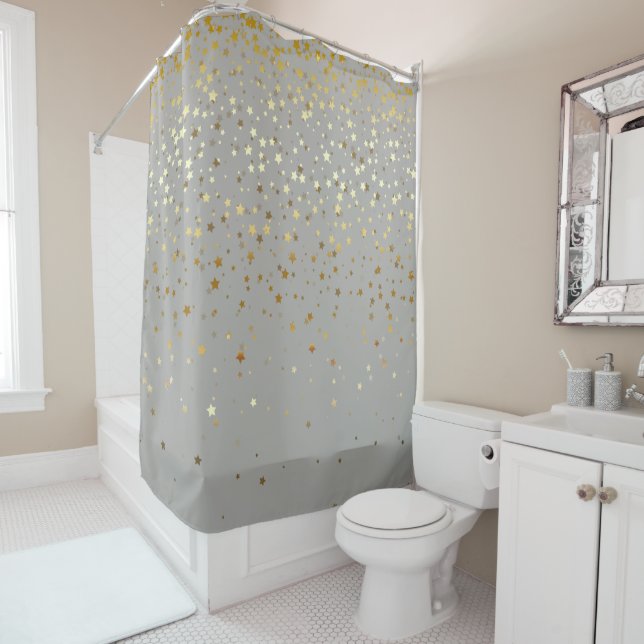 Golden Stars Shower Curtain in Grey (In Situ)