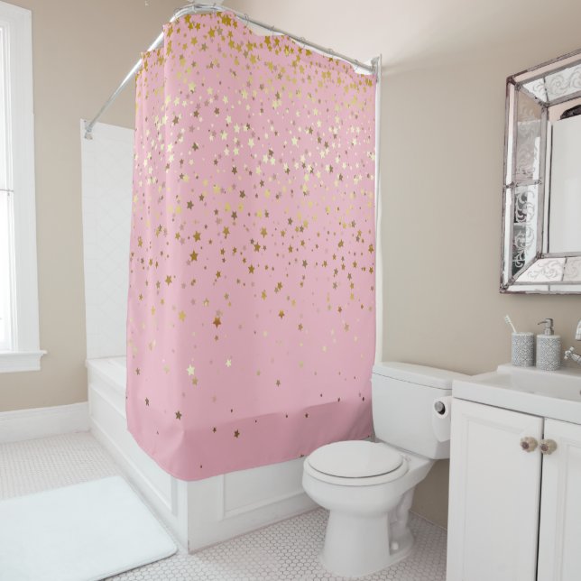 Golden Stars Shower Curtain in Pink (In Situ)