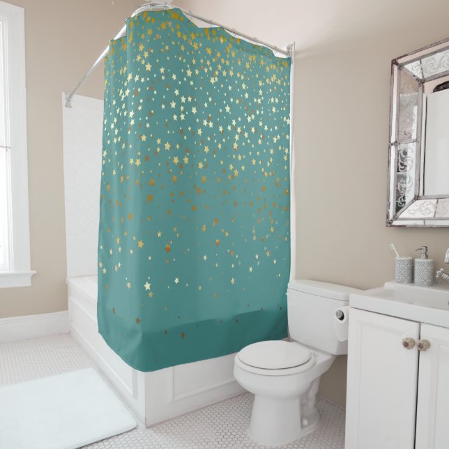 Golden Stars Shower Curtain in Teal (In Situ)