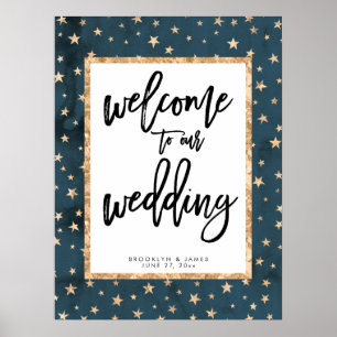 Golden Stars Welcome To Our Wedding Sign Midnight