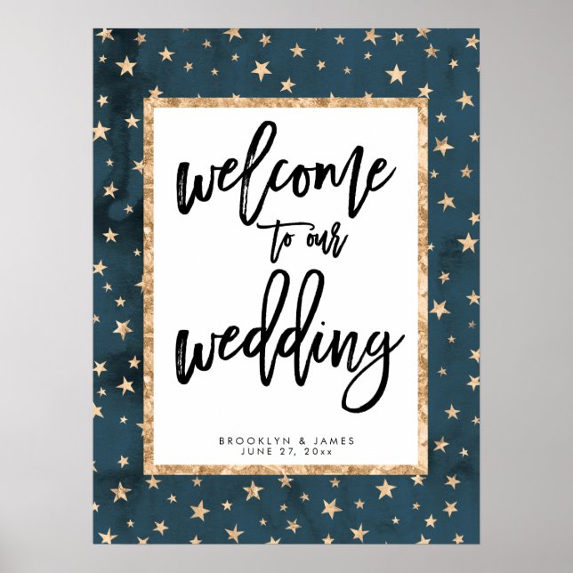 Golden Stars Welcome To Our Wedding Sign Midnight (Front)