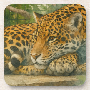 Golden Stillness – Resting Leopard in Foliage Coaster