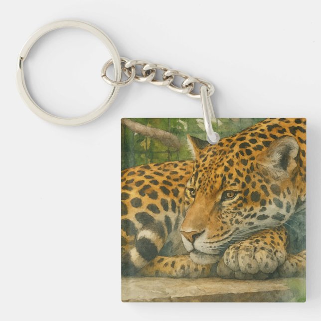 Golden Stillness – Resting Leopard in Foliage Key Ring (Front)