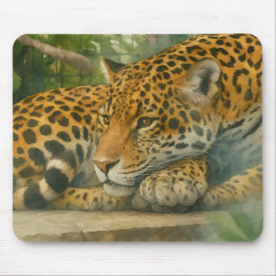 Golden Stillness – Resting Leopard in Foliage Mouse Mat