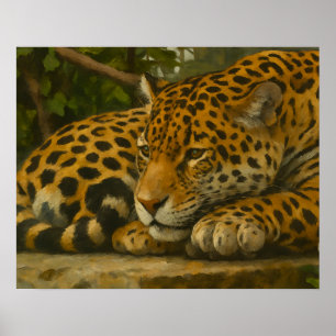 Golden Stillness – Resting Leopard in Foliage Poster