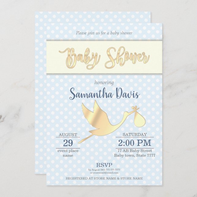 Golden Stork Baby Boy Baby Shower Invitation (Front/Back)