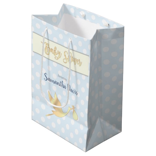 Golden Stork Baby Boy Baby Shower Medium Gift Bag (Front Angled)
