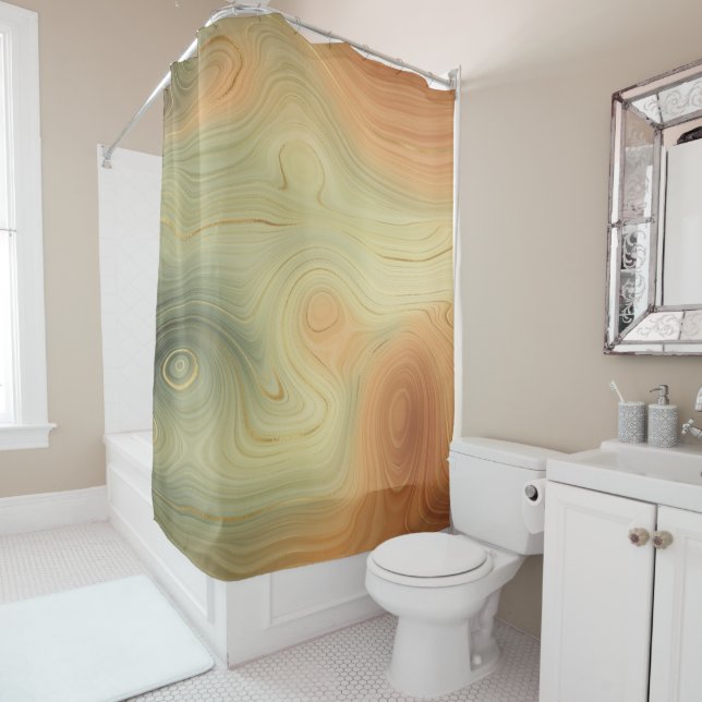 Golden Strata | Peach Burnt Orange Green Agate Shower Curtain (In Situ)