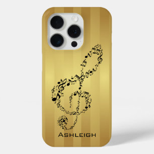 Golden Stripes Black Treble Clef Music Notes iPhone 15 Pro Case