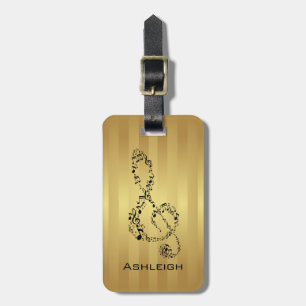 Golden Stripes Black Treble Clef Music Notes Luggage Tag
