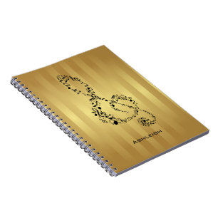 Golden Stripes Black Treble Clef Music Notes Notebook
