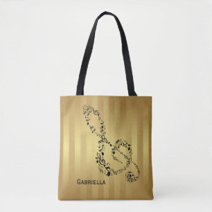Golden Stripes Black Treble Clef Music Notes Tote Bag