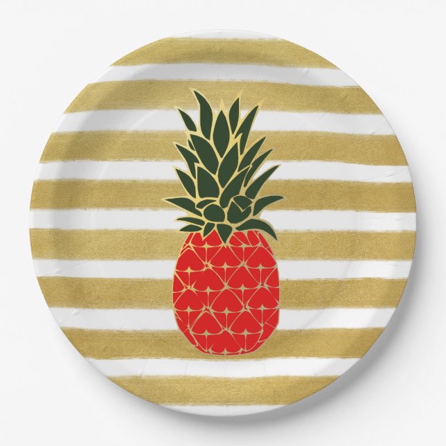 Golden Stripes Red and Green Tropical Pineapple Paper Plate (Front)