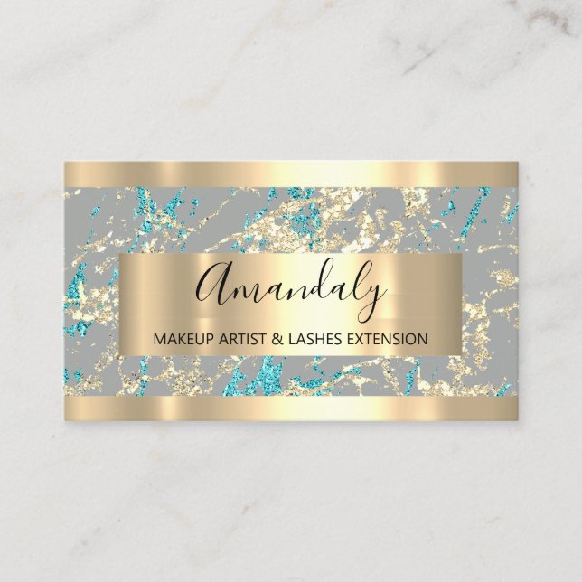 Golden Strokes Grey Glitter Blue Marble Business Card (Front)