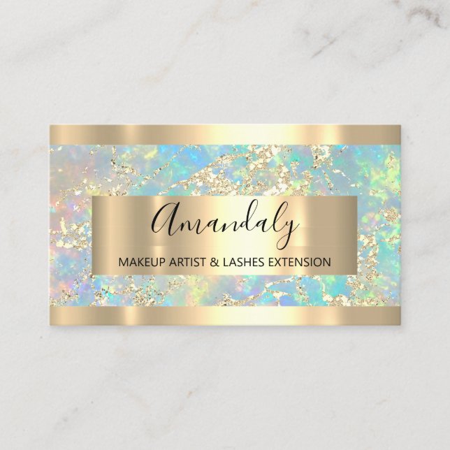 Golden Strokes Marble Beauty Shop Holographic Business Card (Front)