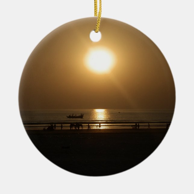 Golden Summer Sunset Reflection on the Beach Ceramic Tree Decoration (Front)