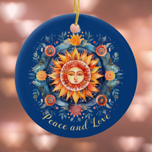 Golden Sun and Floral Mandala Peace and Love Blue Ceramic Tree Decoration