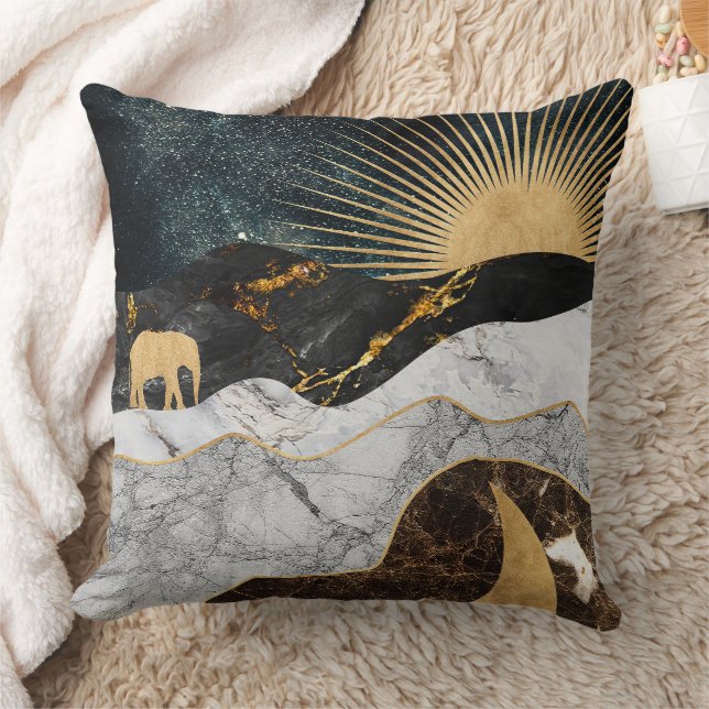 Golden Sun and Moon with Elephant in Marble Cosmic Cushion (Blanket)