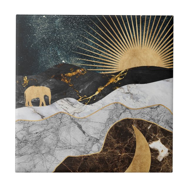 Golden Sun and Moon with Elephant in Marble Cosmic Tile (Front)