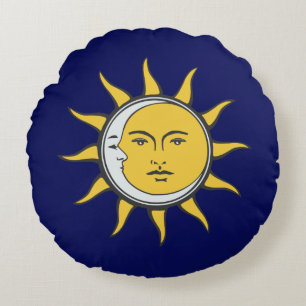 Golden Sun and Silver Moon on Navy Blue Round Cushion