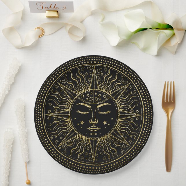 Golden Sun | Elegant Gold Face with Eyes Closed Paper Plate (Wedding)